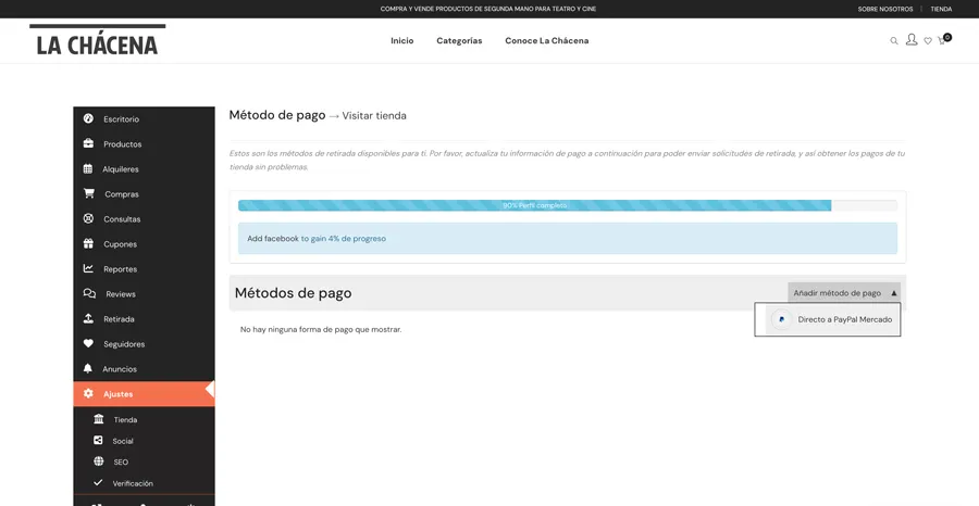 tutorial para configurar el método de pago para vendedores la chacena. tienda online de productos de cine y teatro de segunda mano