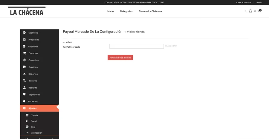 tutorial para configurar el método de pago para vendedores la chacena. tienda online de productos de cine y teatro de segunda mano